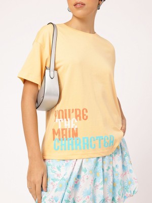 Dressberry Printed Women Round Neck Yellow T-Shirt