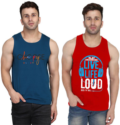 SLOWLORIS Printed, Colorblock Men Scoop Neck Red, Dark Blue T-Shirt