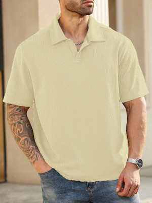 Zilcon Self Design Men Stylised Neck Beige T-Shirt