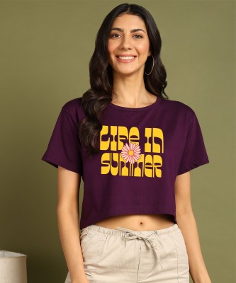 GLOBAL NOMAD Printed, Typography Women Round Neck Purple T-Shirt