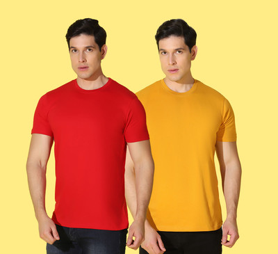 WOOSTRO Solid Men Round Neck Red, Yellow T-Shirt