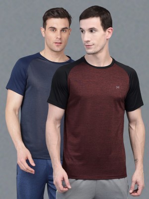 Force NXT Solid Men Round Neck Blue, Maroon T-Shirt