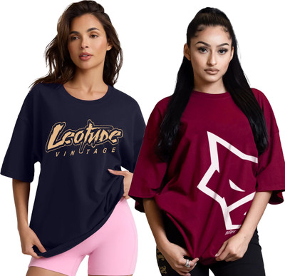 Leotude Printed Women Round Neck Black, Maroon T-Shirt