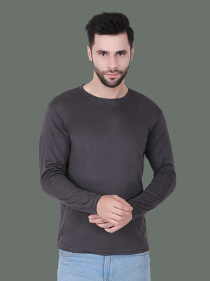 HOC Solid Men Round Neck Grey T-Shirt