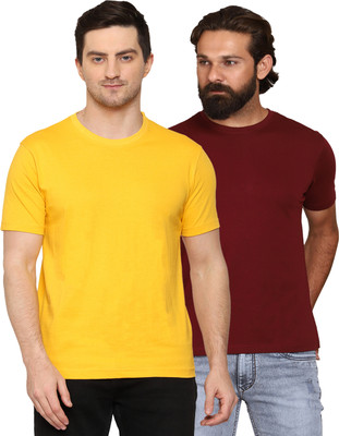 AODACH Solid Men Round Neck Yellow, Maroon T-Shirt