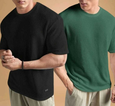 BOOM BAAM Self Design Men Round Neck Black, Green T-Shirt