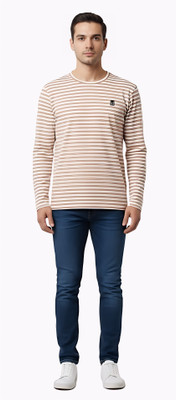 Enigmatic Striped Men Round Neck Beige T-Shirt