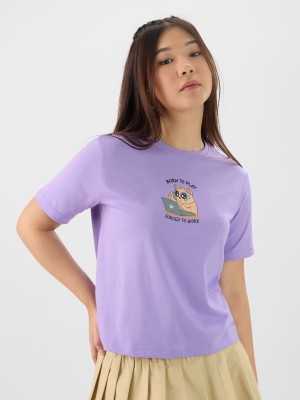 The Souled Store Printed Women Round Neck Purple T-Shirt