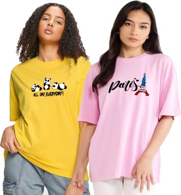 AMEVI Graphic Print Women Round Neck Yellow, Pink T-Shirt