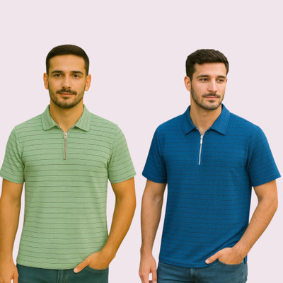 METRONAUT Striped Men Polo Neck Light Green, Blue T-Shirt