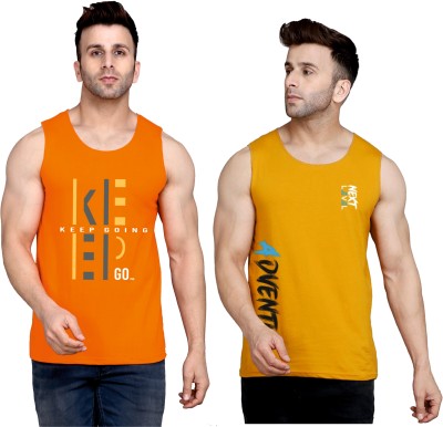 SLOWLORIS Printed Men Round Neck Orange, Yellow T-Shirt