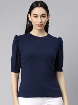 IKHLAS Casual Solid Women Dark Blue Top