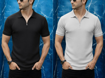 DSV Self Design Men Zip Neck Black, White T-Shirt