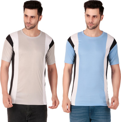 PUREHYPE Colorblock Men Round Neck Light Blue, Grey T-Shirt
