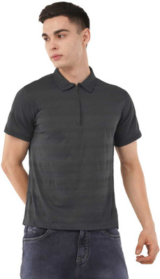 PLEK Self Design Men Zip Neck Grey T-Shirt