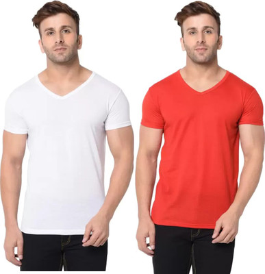 RLP Solid Men V Neck White, Red T-Shirt