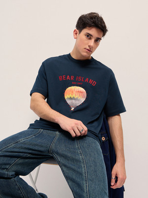 THE BEAR HOUSE Self Design Men Round Neck Blue T-Shirt