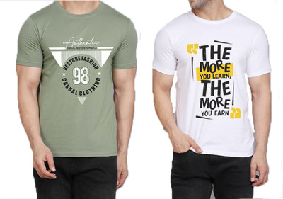WOOSTRO Printed Men Round Neck Light Green, White T-Shirt