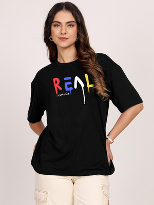 Trond Printed Women Round Neck Black T-Shirt