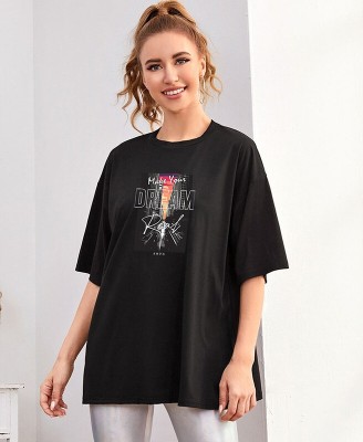 LAVISHOAK Printed Women Round Neck Black T-Shirt