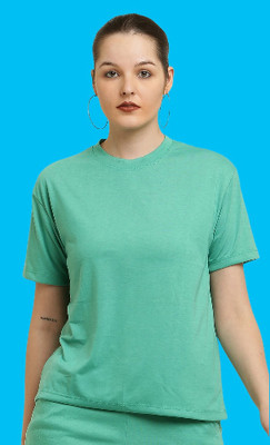 CANIDAE Solid Women Round Neck Light Green T-Shirt