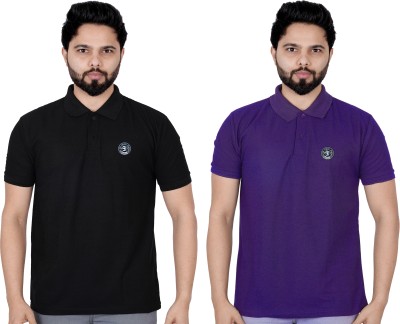 La Milano Solid Men Polo Neck Black, Purple T-Shirt