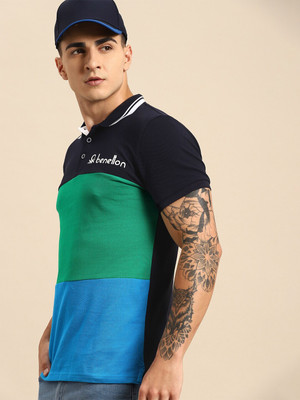United Colors of Benetton Colorblock Men Polo Neck Navy Blue T-Shirt