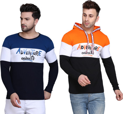 SLOWLORIS Printed Men Hooded Neck Dark Blue, Orange T-Shirt