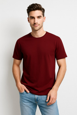 FDN Solid Men Round Neck Maroon T-Shirt