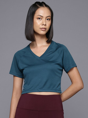HRX by Hrithik Roshan Solid Women V Neck Green T-Shirt