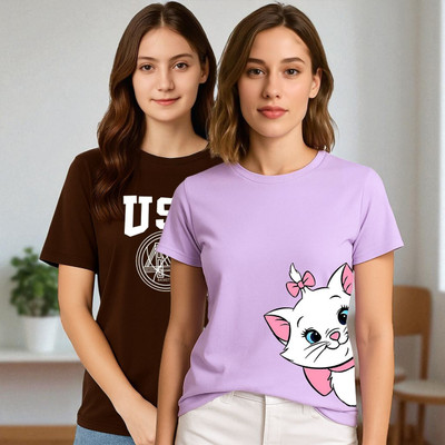 Elvia Printed Women Round Neck Purple, Brown T-Shirt