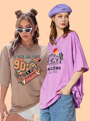 GLOBAL NOMAD Printed Women Round Neck Brown, Pink T-Shirt