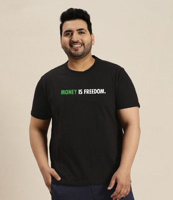 KIXO PLUS Solid, Typography Men Round Neck Black T-Shirt