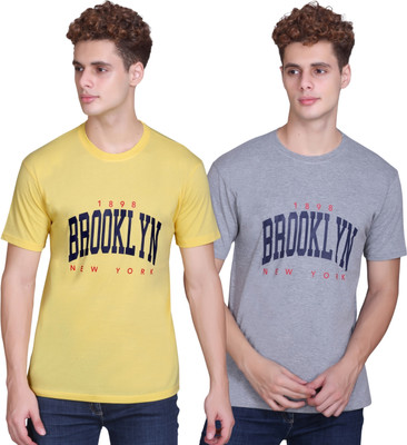 Zeffit Printed Men Round Neck Yellow, Grey T-Shirt