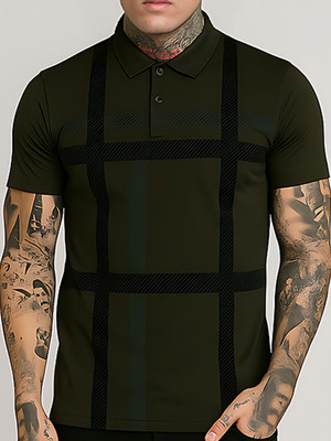 Hushbucks Checkered Men Polo Neck Dark Green T-Shirt