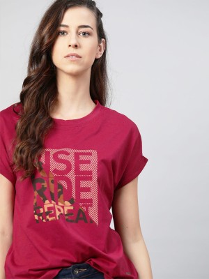 Patche Printed Women Round Neck Maroon T-Shirt