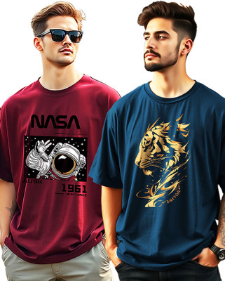 AUSK Printed Men Round Neck Dark Blue, Maroon T-Shirt