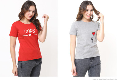 Cintia Printed Women Round Neck Grey, Red T-Shirt