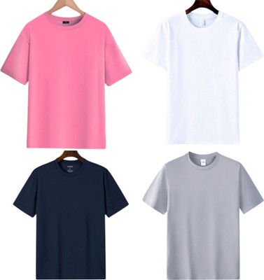 TTFE Solid Men Round Neck White, Navy Blue, Pink, Grey T-Shirt