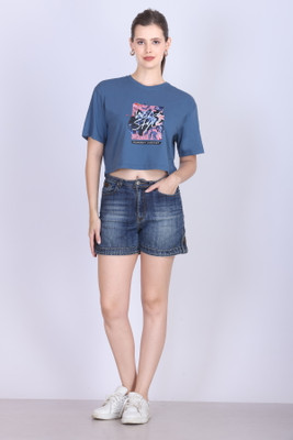 Prink Printed Women Round Neck Blue T-Shirt