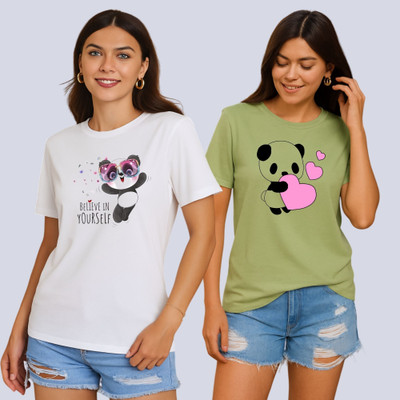 Lecowar Printed Women Round Neck White, Green T-Shirt