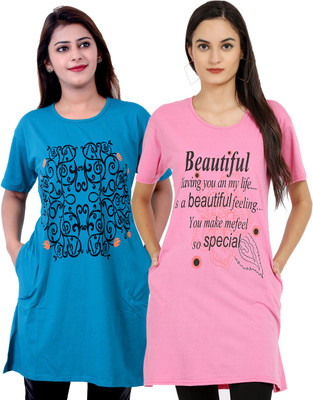 DG Star Printed Women Round Neck Light Blue, Pink T-Shirt