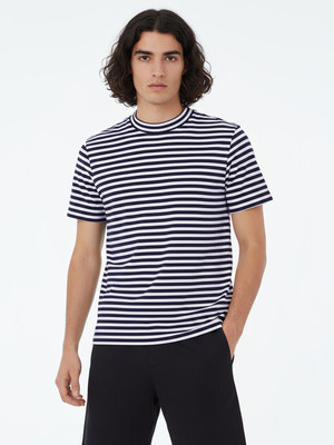 Glitchez Striped Men Round Neck Blue T-Shirt