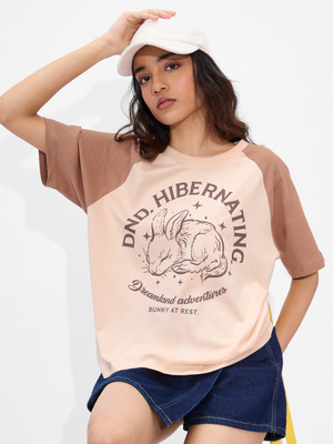 The Souled Store Graphic Print Women Round Neck Beige T-Shirt