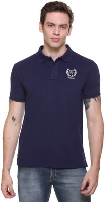 RF Raves Printed, Solid Men Polo Neck Navy Blue T-Shirt