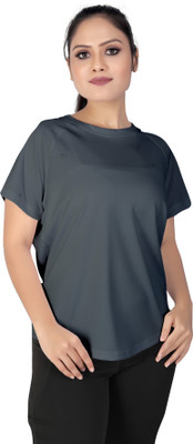 MYo2 Solid Women Round Neck Grey T-Shirt