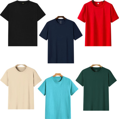 P collection Solid Men Round Neck Dark Green, Light Blue, Beige, Red, Navy Blue, Black T-Shirt