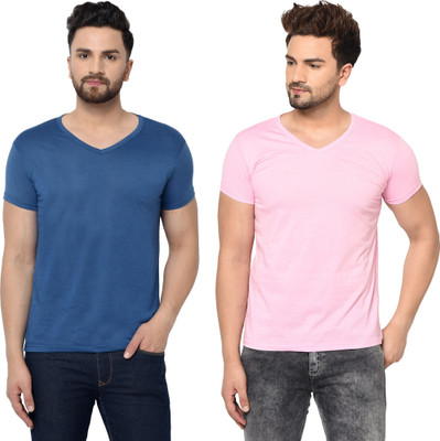 Tresna Trendy Solid Men V Neck Blue, Pink T-Shirt