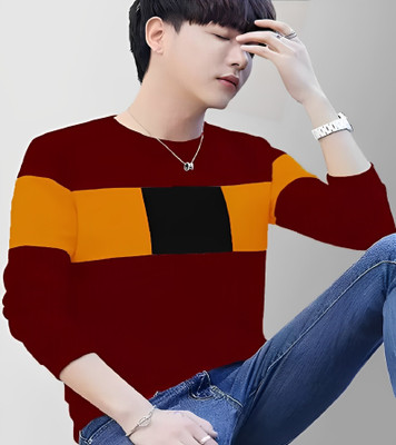 FASHNET FASHION Colorblock Men Round Neck Maroon T-Shirt