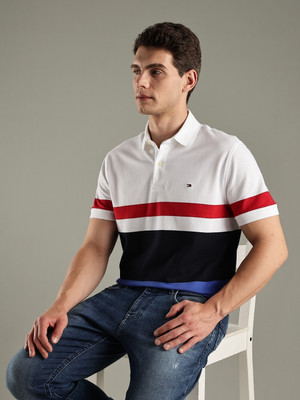 TOMMY HILFIGER Striped Men Polo Neck White, Blue T-Shirt